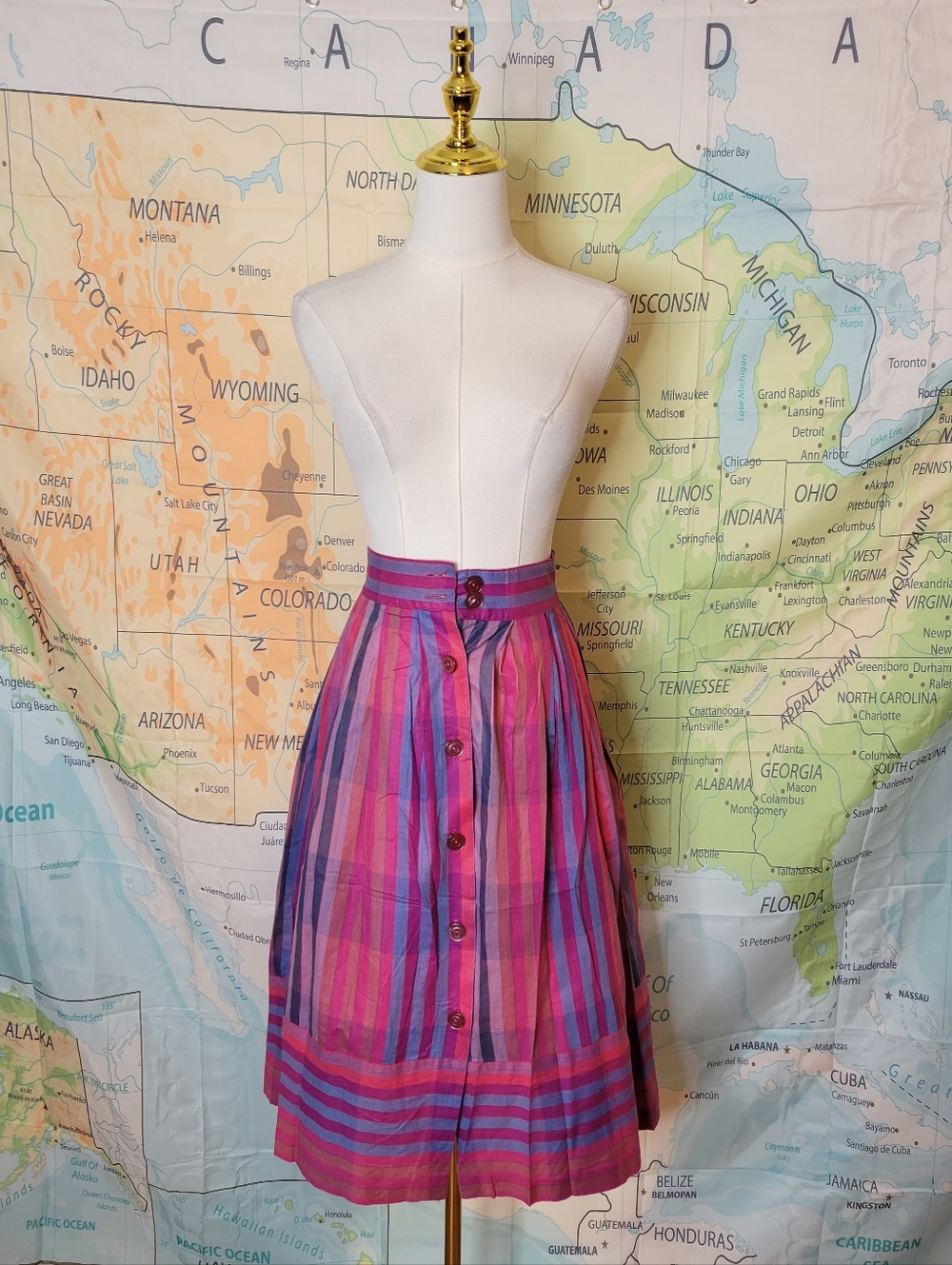 Vintage Pink & Purple Striped Button-Front A-line Midi Skirt Size 7/8